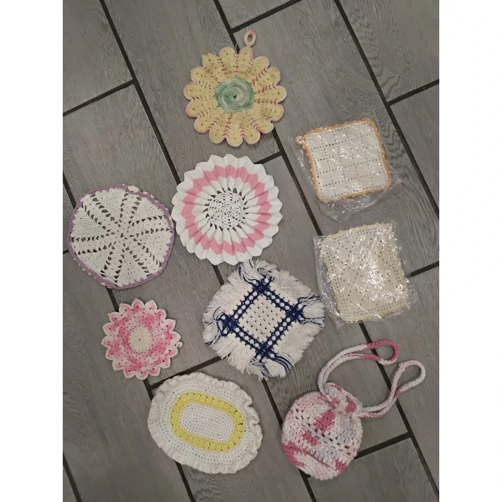 Vintage Handmade Crochet Potholder Doily Set 9pc Mixed Pastels Cottagecore Retro